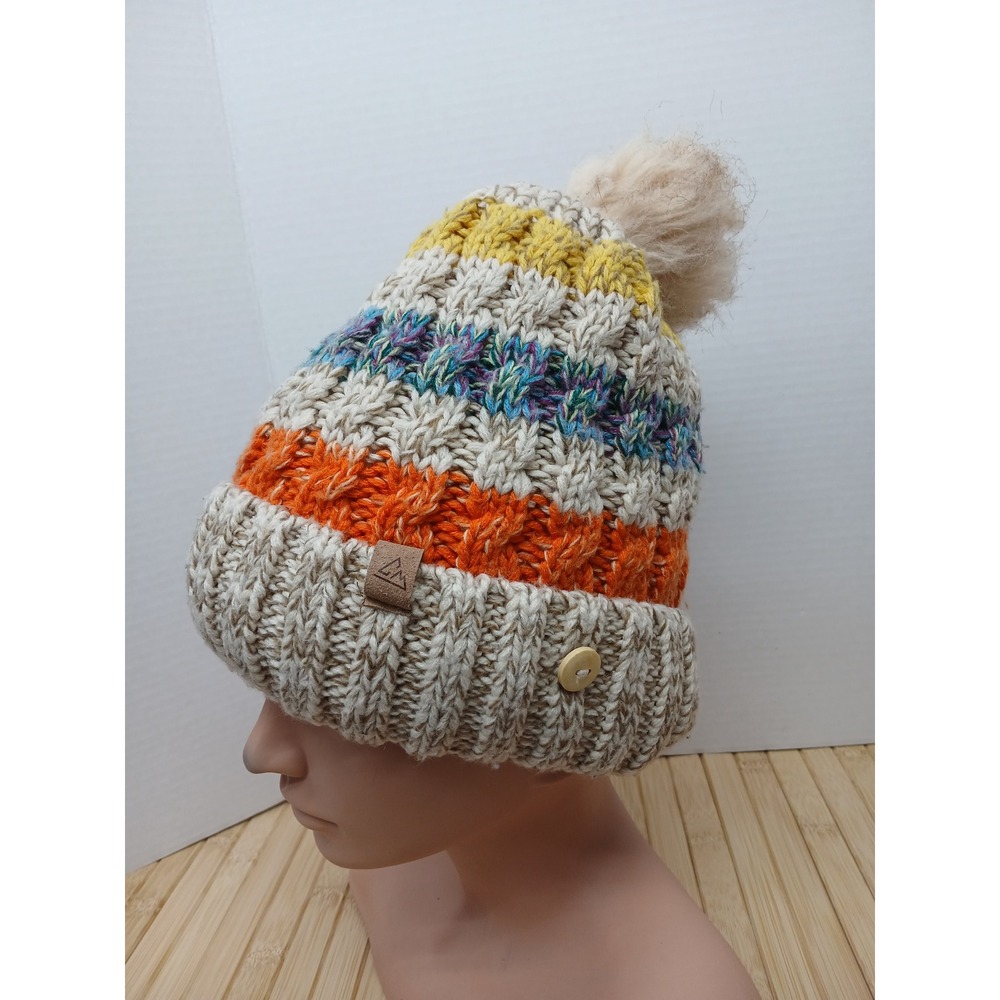 Chillmeister Furball Beanie Cream Striped Chunky Knit Fleece Lined Pom Hat